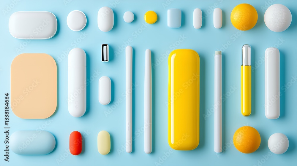 Poster arrangement of various geometric shaped objects on light blue background