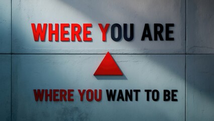 Two sections of a wall featuring a text inscription - directional sign towards, concept of achieving life career goals from the present situation, bravery to take risks and follow dreams.