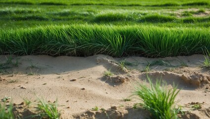 green grass lawn on the ground alongside sand