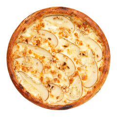 Italian pizza with pear, nuts and cheese, on a white background, top view, isolated.