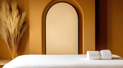 Tranquil modern spa room with elegant design featuring neutral tones and relaxing ambiance for wellness retreat