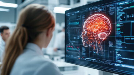 Modern marketing team analyzing brain data insights for strategic development in a high-tech office environment