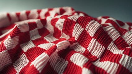Fototapeta premium A detailed view of a bright red and white checkered knitted textile, featuring a traditional pattern.