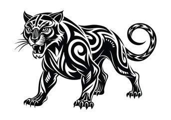 Tribal Panther Tattoo – Black and White Vector Illustration with Dynamic Tribal Art
