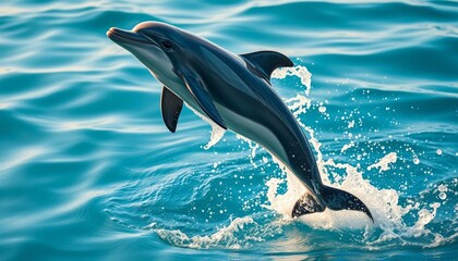 Obraz premium A graceful dolphin leaps from the ocean's depths, its sleek body glistening in the sunlight, creating a mesmerizing display of aquatic acrobatics and marine beauty.