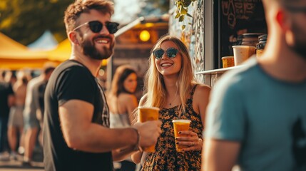 Lively group of friends savoring refreshing drinks at an outdoor festival, surrounded by colorful tents and a lively atmosphere filled with laughter and joy