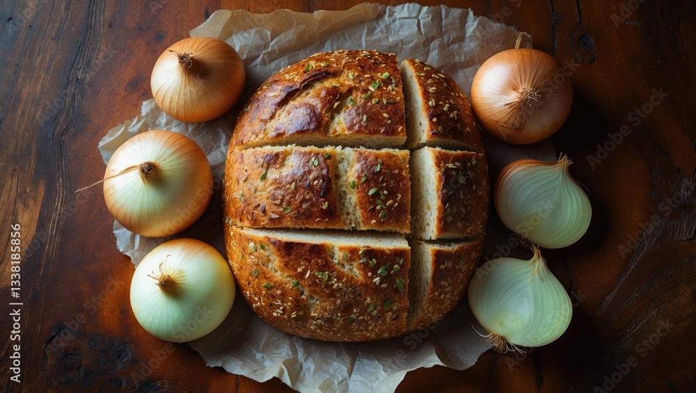 Poster yeast onion bread loaf with a crunchy crust prominently displayed on parchment on a wooden surface. 