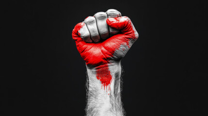 Conceptual raised fist with blood. Symbol for power, revolt, fight for rights, conflict, protest movement.
