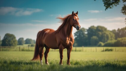 Fototapeta premium A single chestnut horse is positioned in a summer paddock.