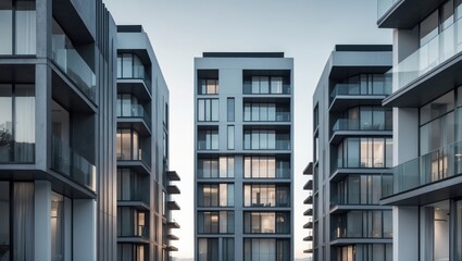 Obraz premium Contemporary multistory residential structure, stylish high-rise apartments with a trendy facade design. Modern, investing in real estate assets. Isolated on white, new apartment development.