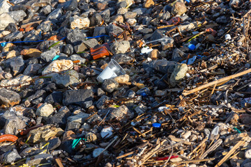  Plastic pollution on rocky beach highlighting environmental impact and need for conservation efforts.
