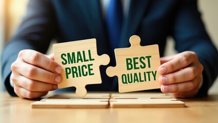 A businessman assembles wooden puzzles featuring the words - best quality. The idea of profitable transactions for customers. Quality service. Justified costs. High rating. Marketing.