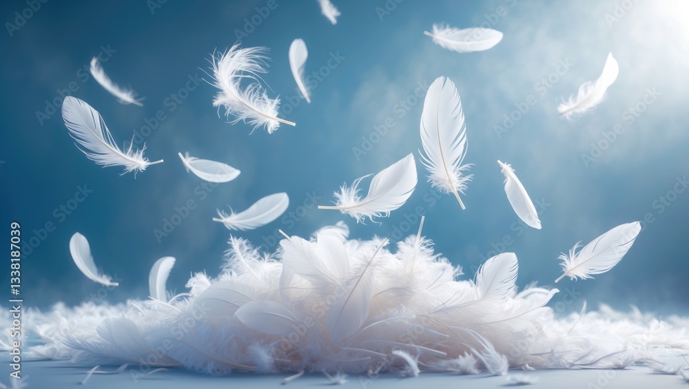Poster abstract fluffy white feathers cascading onto a mound of feathers. falling feather