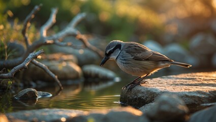 Fototapeta premium A closeup image of a bird perched on a stone surface during the day with a blurred background.
