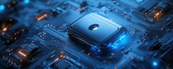 Close-up view of a futuristic computer processor chip, showcasing intricate circuitry and glowing elements, suggesting high technology and advanced computing power.
