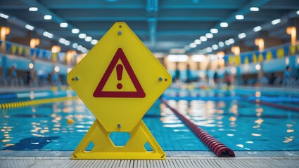 Yellow slip fall hazard sign at a communal swimming pool. Public liability and insurance to prevent accidents and injury.