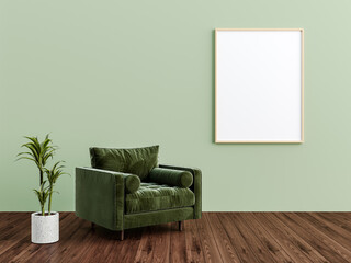 Cozy and modern living room with green armchair, plant and art