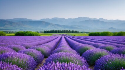 Fototapeta premium A breathtaking lavender field extends toward the horizon, with vibrant purple flowers contrasting against the green scenery. In the background, impressive mountains rise beneath a clear, sunny sky.
