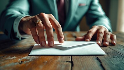 Hand of a businessman delivering a resignation letter on a wooden table.