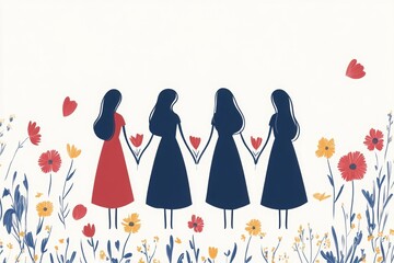 Four women holding hands in a flower-filled landscape, showcasing friendship and unity, with a red accent and floral elements.