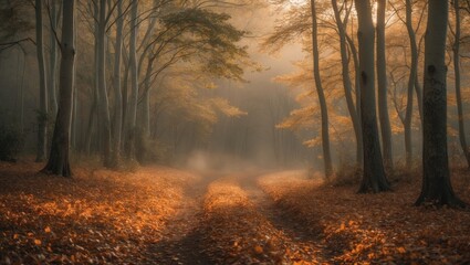 Obraz premium Golden leaves cover the forest floor as the crisp autumn breeze rustles through tall trees in the tranquil woods.
