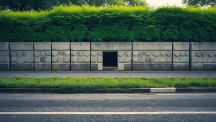 Obraz premium Concrete fence constructed of individual blocks featuring an empty rhombus shape in the center. A hedge is located behind, with a sidewalk and street positioned in front. Background suitable for co...