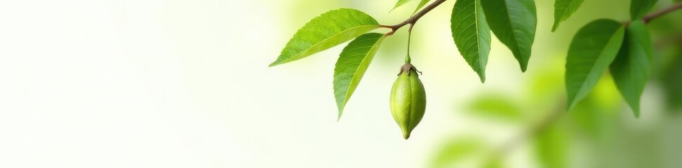 Single seed pod hanging from a branch against white background, organic, botanical, tree