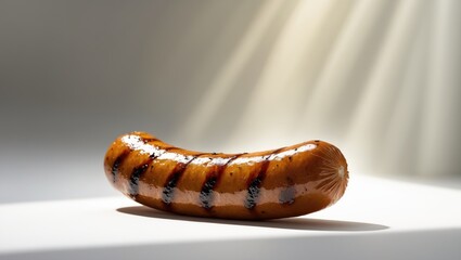Side view of cooked spicy sausage on white background.