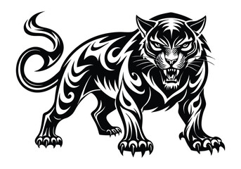 Tribal Panther Tattoo – Black and White Vector Illustration with Dynamic Tribal Art