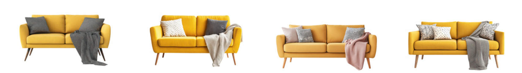 Obraz premium Vibrant yellow sofas with plush cushions and throws in a contemporary minimalist living room design