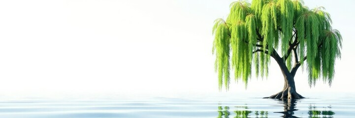 Tall and slender willow tree branches on white background, water, willow
