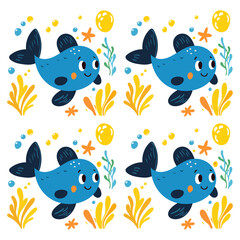 Seamless pattern background of a cute smiling fish in the sea