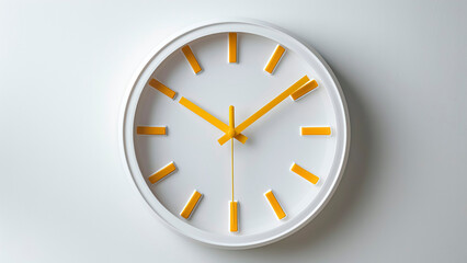 White Wall Clock with Yellow Pointer on White Background. Minimalist Design, Home Decor, Timepiece Concept.