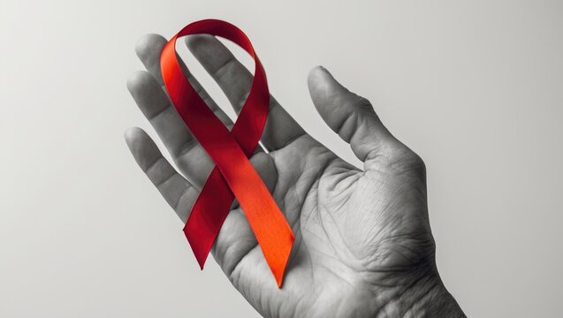 World AIDS Day and National HIV AIDS and Ageing Awareness Month featuring a red ribbon placed on a helping hand.