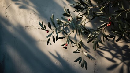 Shadows of olive branches on a light background. Textured backgrounds of olive leaves. Oil extraction. Area for text.