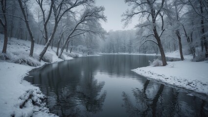 Snowy winter wonderland lake pond