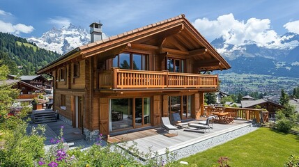 Wooden chalet in the Swiss Alps during the summer