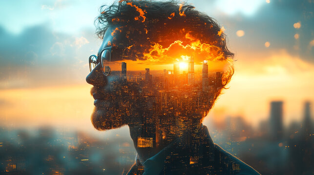 A double exposure image of a businessman overlaid with a modern city skyline. The concept of corporate vision, urban development, and the connection between business and metropolitan growth.