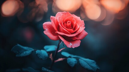 Single, vibrant coral rose in dew drops, bathed in warm golden light.