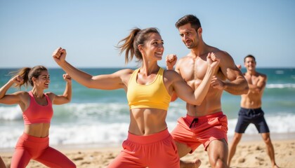 Group fitness on the beach with people exercising in colorful activewear on a sunny day with copy space