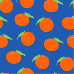 Seamless pattern with oranges on a blue background. Vector illustration of oranges. Abstract orange, summer design.