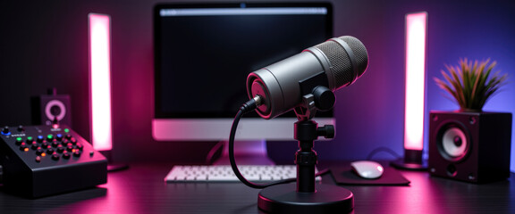 High fidelity audio setup with microphone and computer for streaming or podcasting with copy space