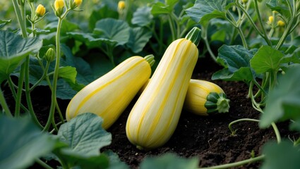 Yellow courgette (zucchini) plant Sunstripe thriving in a vegetable garden or allotment.