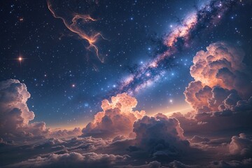 Fototapeta premium Intriguing Cosmic Vista with Brilliant Starlit Sky and Luminous Nebula Cloud Formations