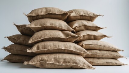 Hemp bags filled with rice isolate on a light-colored background.