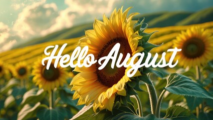Hello August on sunflower background
