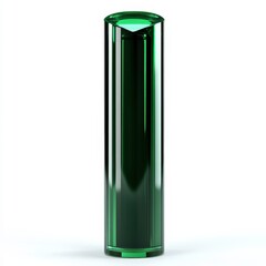 A deep, emerald green cosmetic tube with a glossy, jewel-like finish, capturing the light in rich, vibrant tones, set against a stark white background.