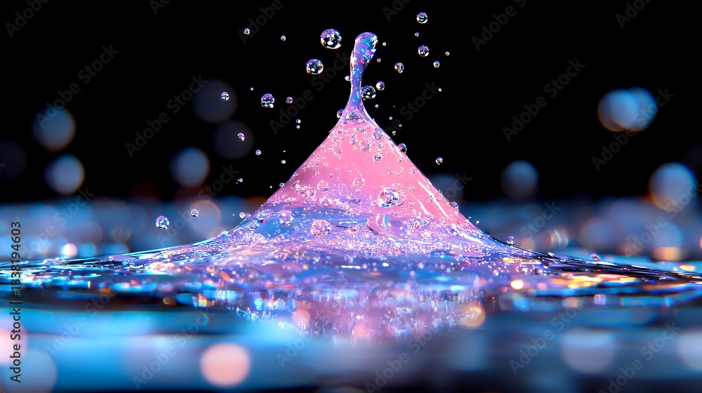 Poster water splash with bubbles creating dynamic shape and colorful reflection