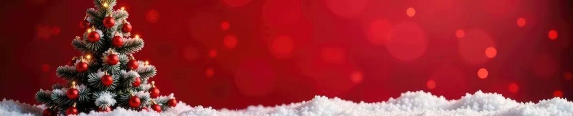 Snowy Christmas tree in a red festive background, red christmas, holly, festive decor
