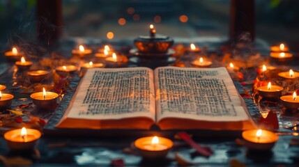 Sacred Buddhist Scriptures with Candles in a Peaceful Setting. Generative AI